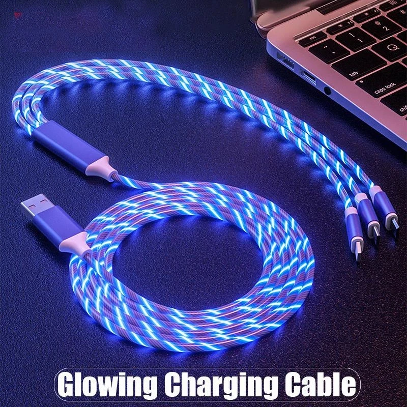 3 in 1 LED Light Glowing Charging Cable 3A Micro USB C Type C Flowing Streamer Type-C Cable for iPhone Xiaomi Huawei