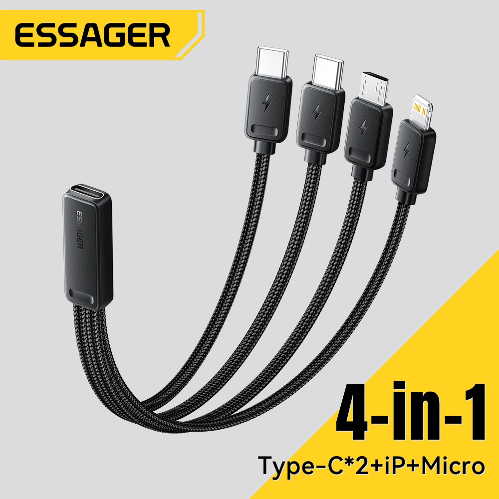 Essager Portable 4-in-1 Fast Charging Cable For Travel Type C Female To Multi USB Cable With 2 Type C, Micro, Lightning Adapters