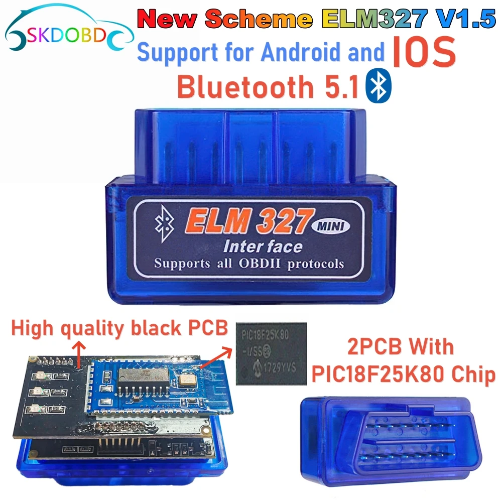 ELM327 Bluetooth 5.1 Mini ELM327 v1.5 With PIC18F25K80 Chip OBD2 Car Scanner Diagnostic Tool Code Reader For IOS Android Windows