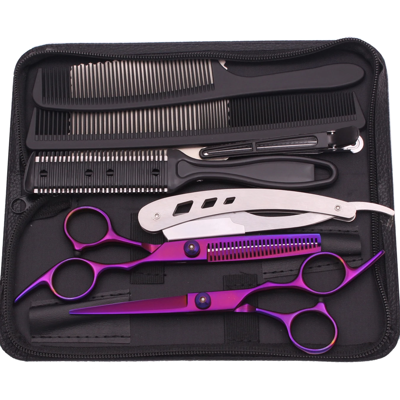 Hairdressing Scissors Japan Stainless Hair Scissors Purple Hair Cutting Scissors Barber Shop Thinning Shears Set Comb C1001