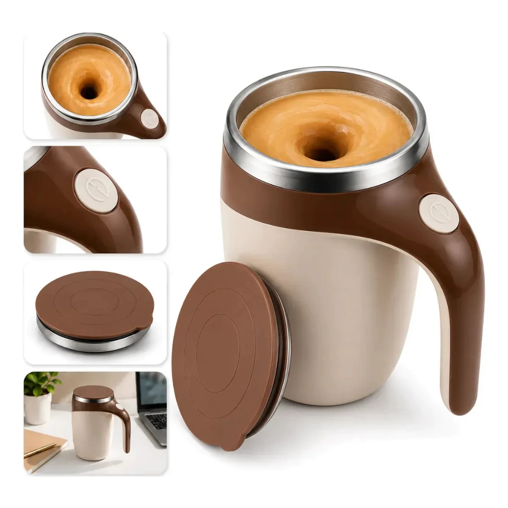 Automatic Electric Stainless Steel Coffee Mixer Mug, USB Rechargeable, 380ml, Thermal with Lid