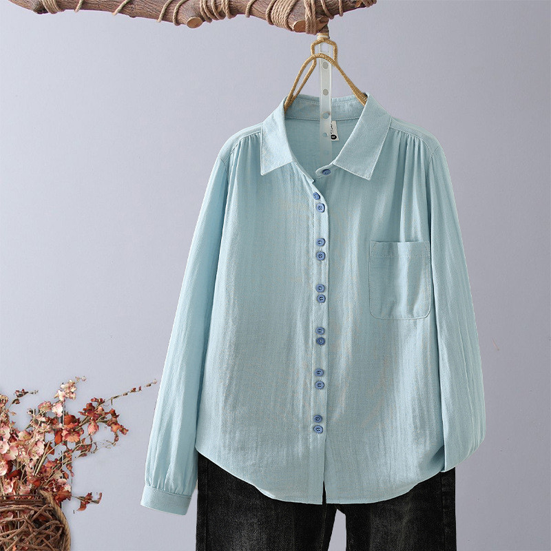 Algodão puro dupla camada fio de algodão de manga comprida camisa feminina novo estilo solto estilo Casual Design simple