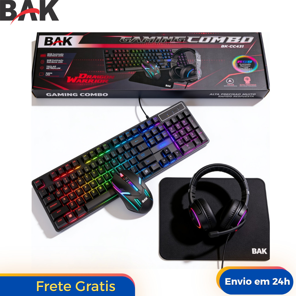 Kit Gamer 4 em 1 BAK Teclado LED + Mouse + Headset + Mousepad Preto Setup Dragon Warrior RGB