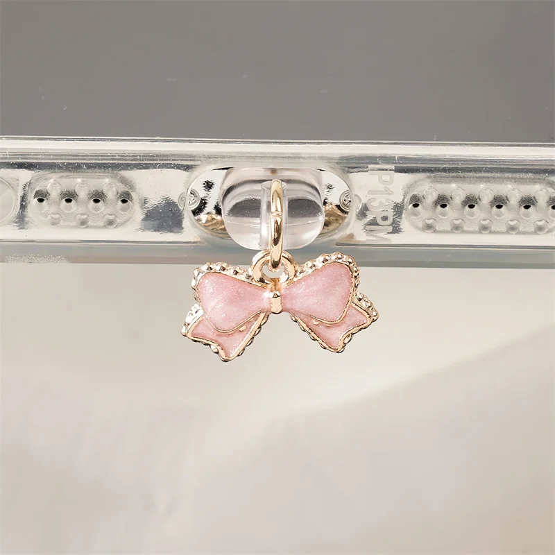 1pc Beautiful Pink and White Bowknot Phone Dust Plug for iPhone/Type-C /Android Mobile Phone Pendant Accessories Gift for Lovers