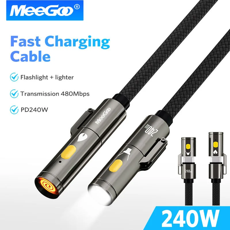MeeGoo 240w Fast Charging Cable Type C To Type C Flashlight Multifunctional with Lighter & LED Braided USB C Cable For all Phone