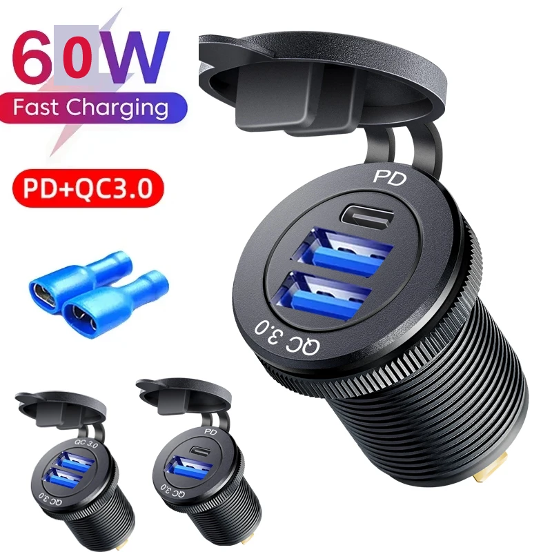 Aluminum 60W USB Charger Socket Fast Charge 12V/24V USB C Car Charger Socket PD and QC3.0 Dual USB Ports for Car Boat Motorcycle
