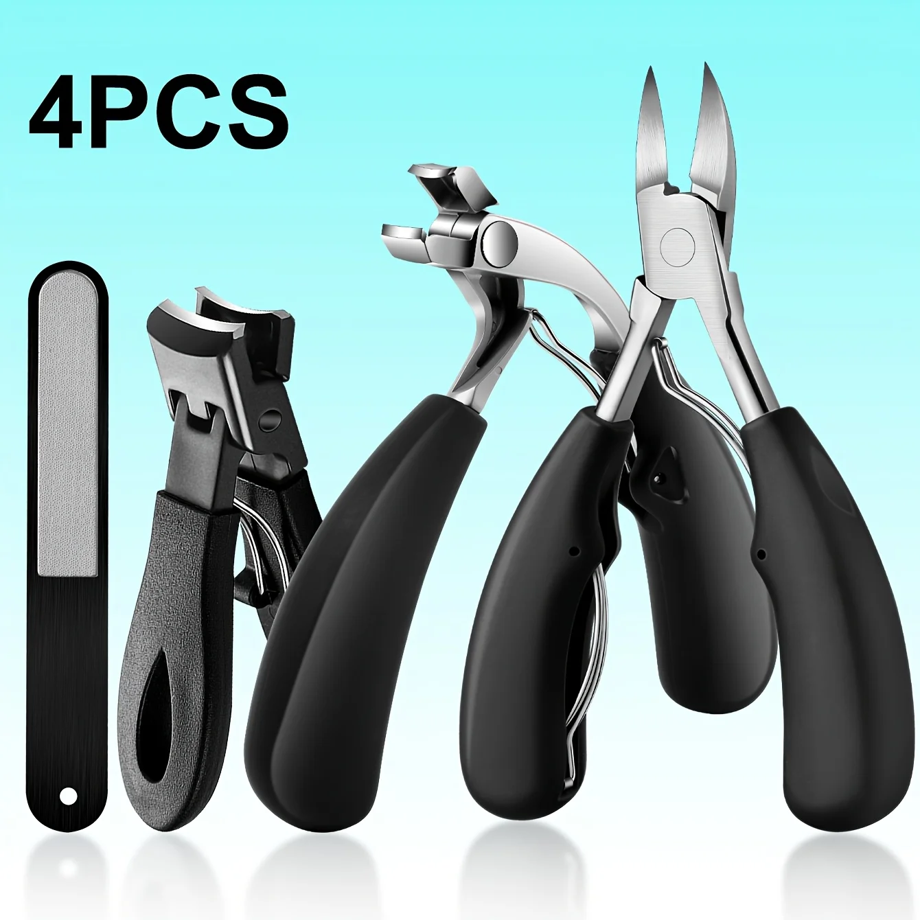 4pcs Stainless Steel Toenail Clipper Set Heavy-Duty | Ergonomic Handle, Professional Grade for Thick Nails - Includes Nail File,