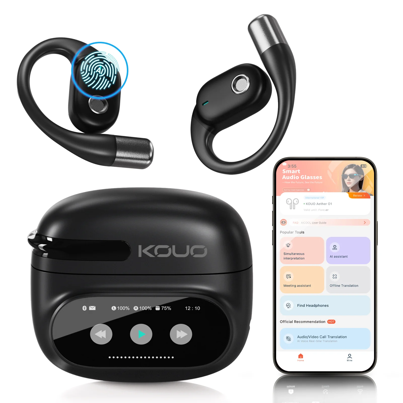 KOUO Open Bluetooth Earphones 164 Languages Real Time Translator Headphones Wireless Earbuds for  Travel Learning Sports Gaming