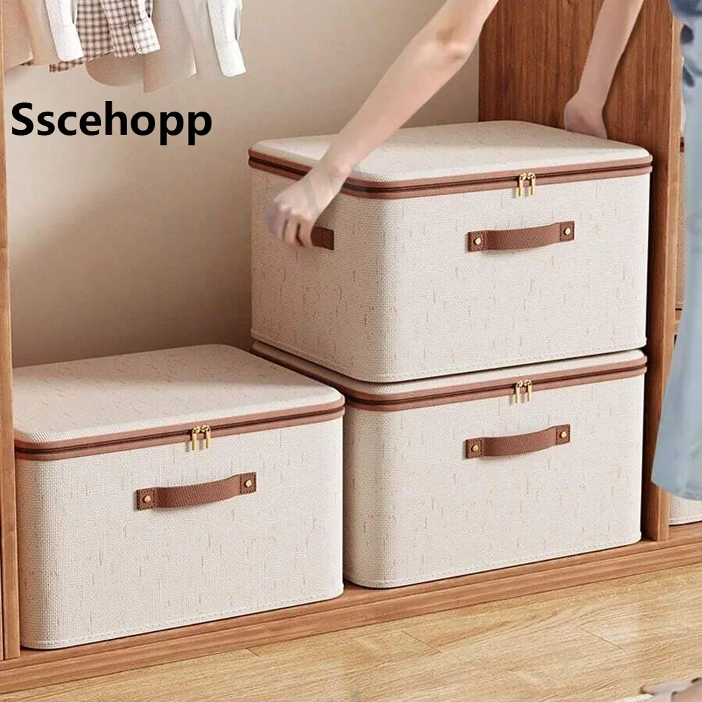 Sscehopp Zippered Lid Cotton Linen Storage Box Foldable Washable Closet Rack Clothes Organizing Box with PU Leather Handle