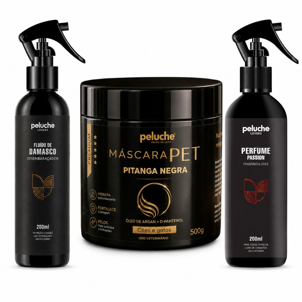 Kit Hidratação Pet Máscara Pitanga Negra 500g Fluído Desembaraçador 200ml Perfume Passion Peluche Cães Gatos