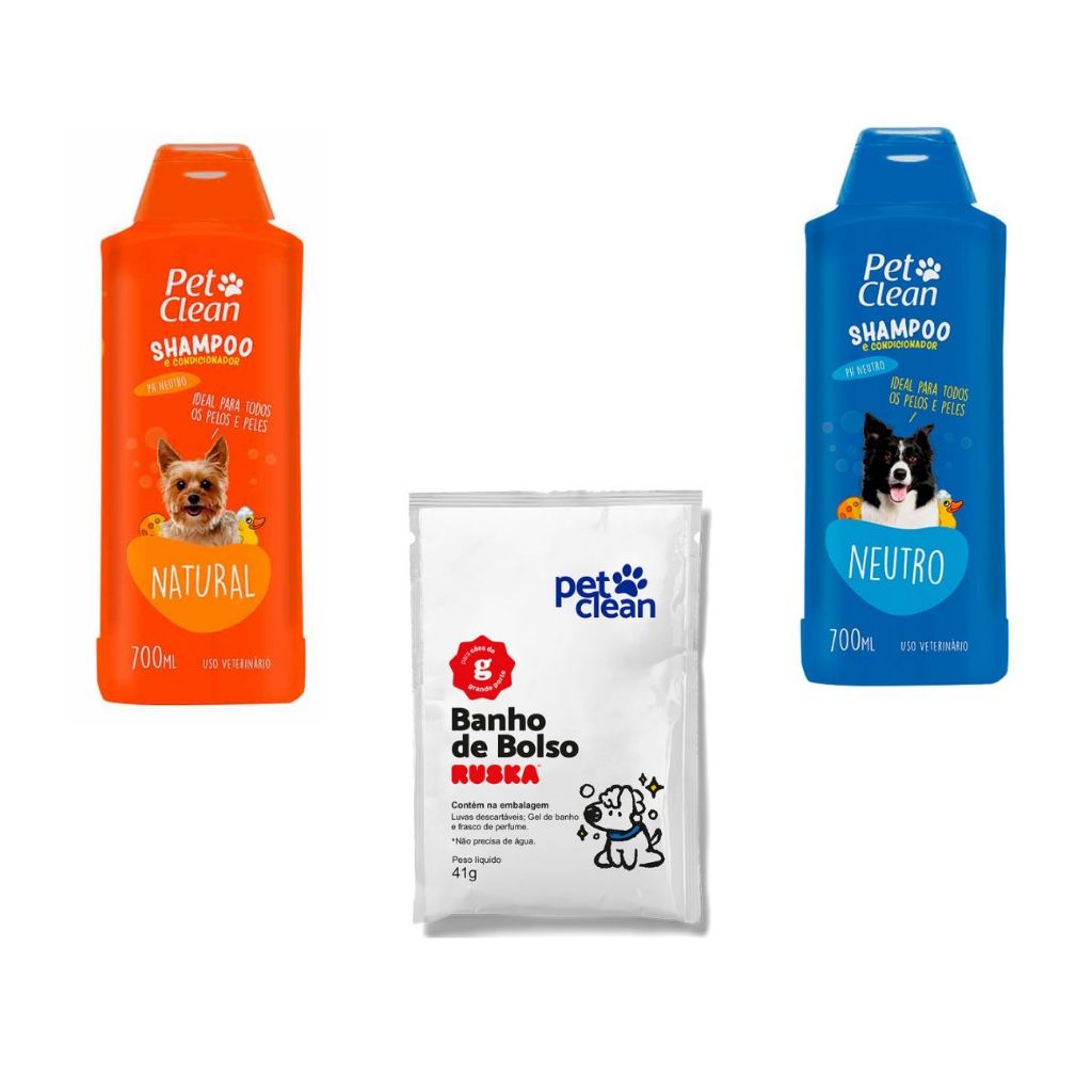 kit banho de bolso + condicionador Natural + shampoo neutro pet clean