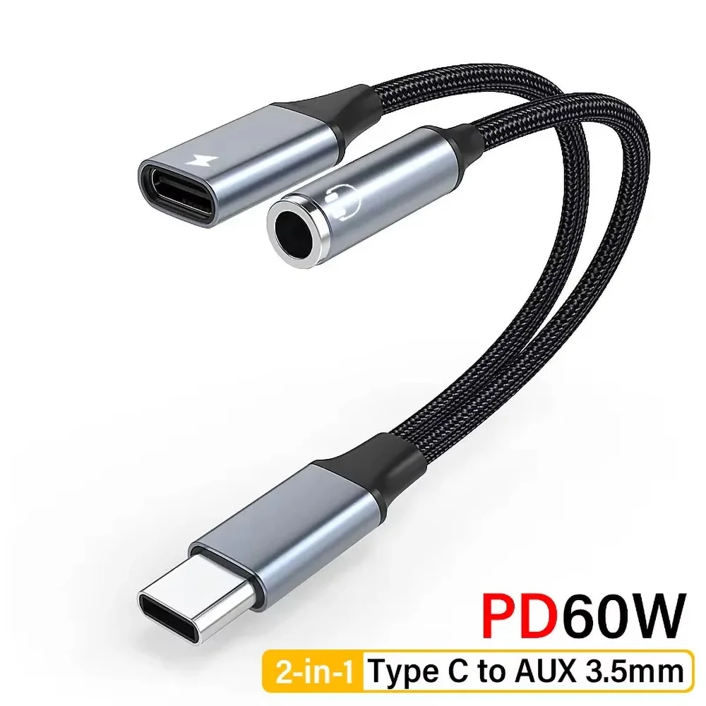 2 In 1 USB C To 3.5mm Headphone And Charger Adapter USB C PD 3.0 Port To Aux Audio Jack With PD Fast Charging Dongle Cable Cord
