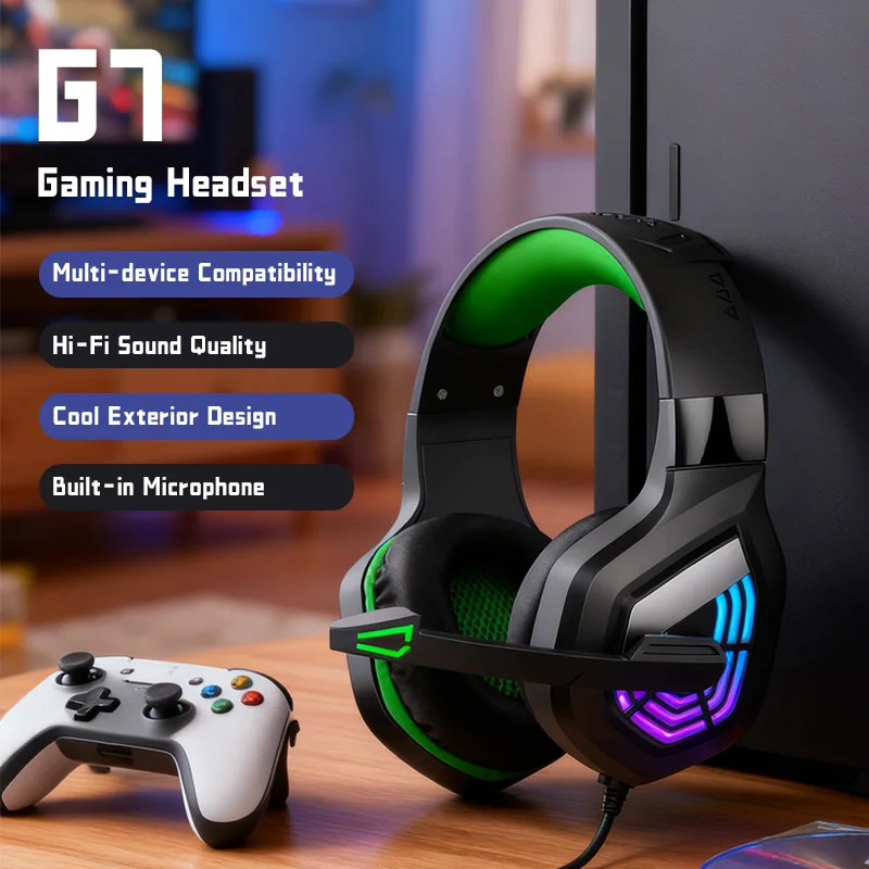 G7 Gaming Headset With Noise-cancelling Mic Surround Sound Wired LED Lights For Gamers  Stereo SVirtual Surround Bass Earphone