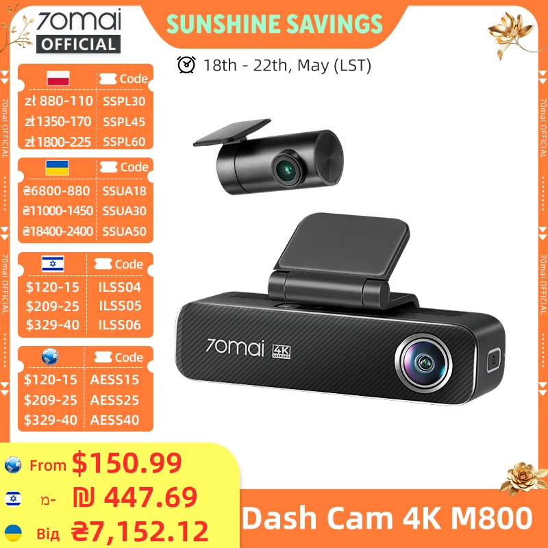 70mai Dash Cam 4K M800 2160P eMMC Built-in 128GB GPS ADAS Support 24H Parking Guard 4G Compatible Upgraded Ver. of 70mai M500