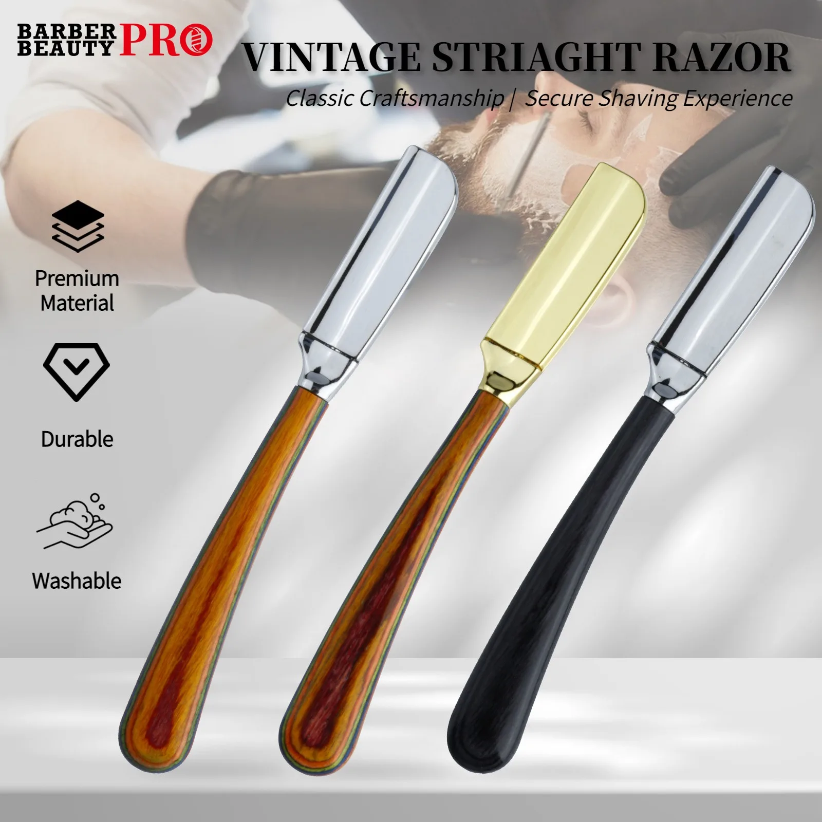 New Professional Baber Beard Straight Edge Shaving Razor Men Hair Removal Tools, Wooden Handle, Anti-Slip Grip for Home Shaving
