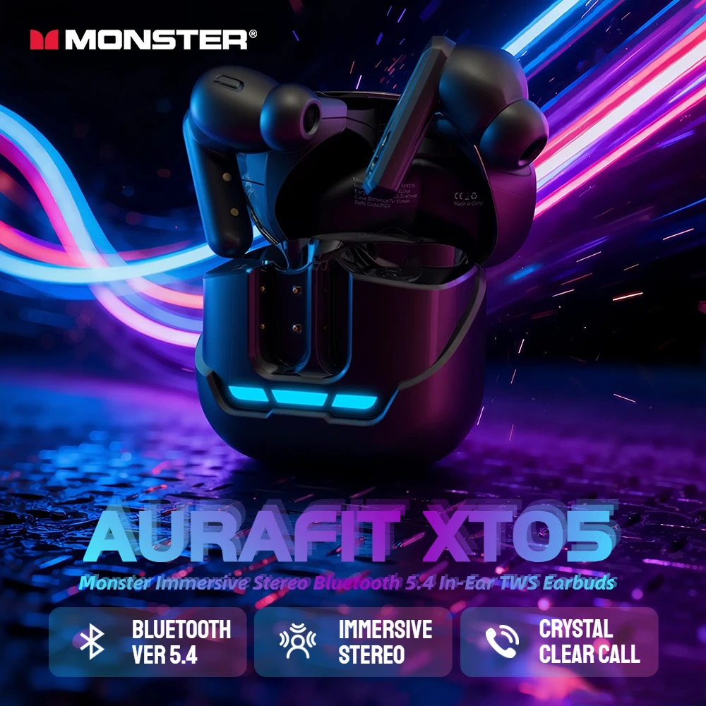 Monster XT05 Wireless Bluetooth 5.4 Earphones In Ear TWS Wireless Earbuds Sports Bluetooth Headphones for iPhone Samsung Xiaomi