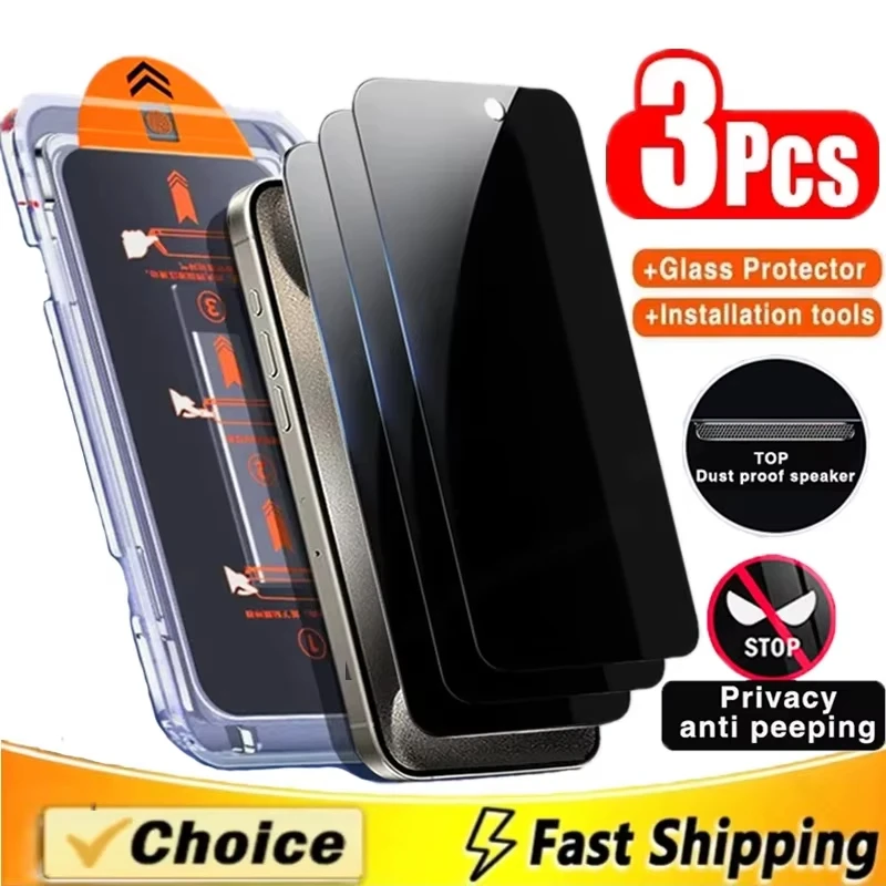3Pcs Dust Free Installation Privacy Screen Protector For iPhone 17 Pro Max 16 15 14 11 12 13 XS XR X 7 8 Plus 16e Anti-spy Glass