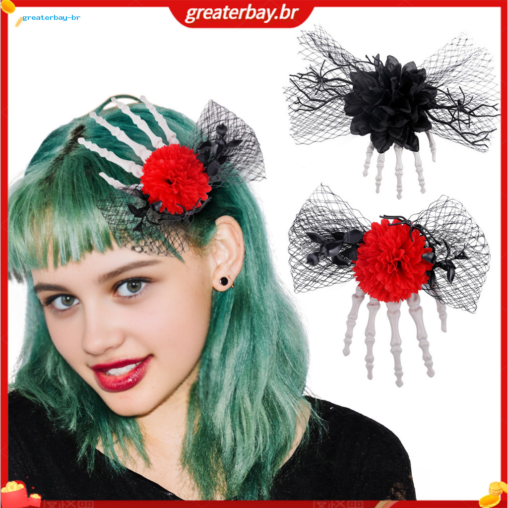Halloween Gothic Skeleton Hand Hair Clip with Black Mesh Skull Bone Claw Hairpin for Women Girls Party Costume Accessory