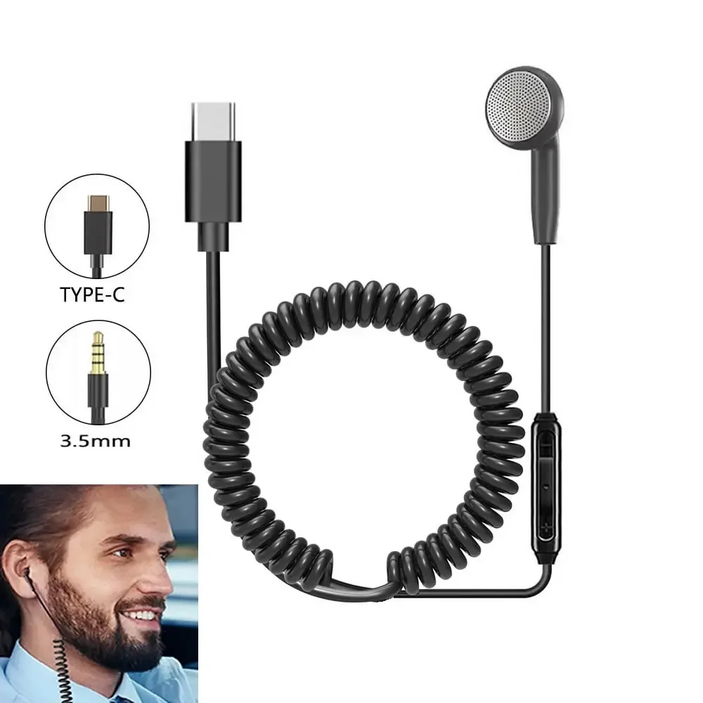 3.5MM / Type C Single Side Wired Earphone In-Ear Headphone Spring Retractable Coiled Cable Handsfree Headset USB C Jack Earbuds