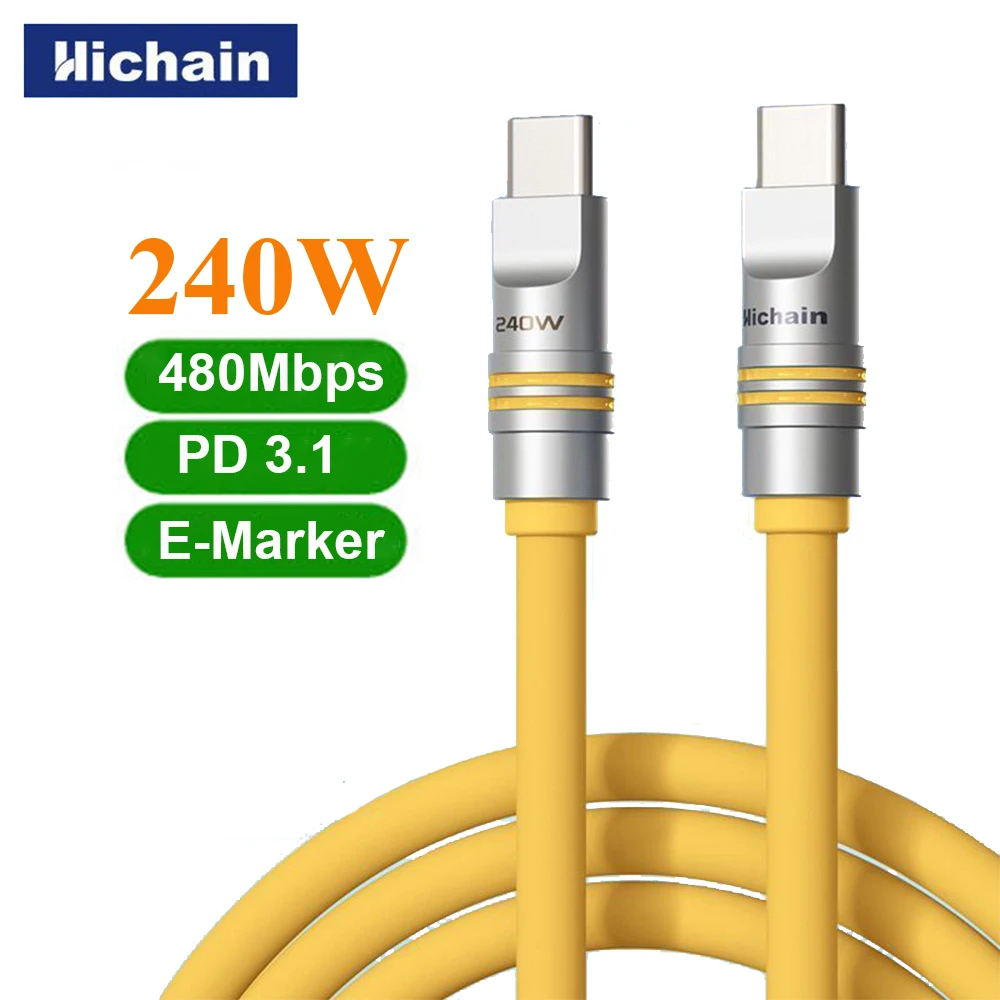 Hichain 240W USB C To Type C Fast Charging Cable 1.2M/2M Liquid Silicone Type C Cable For iphone For Samsung For Huawei Tablets