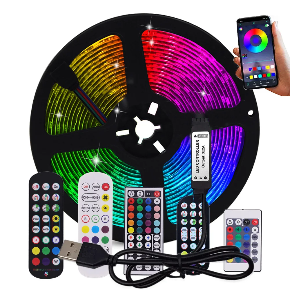 5V USB 5050 RGB LED Strip Light Bluetooth Remote Control 5m 10m Lights Tape TV Backlights Holiday Decor 0.5m 1m 2m 3m Black PCB