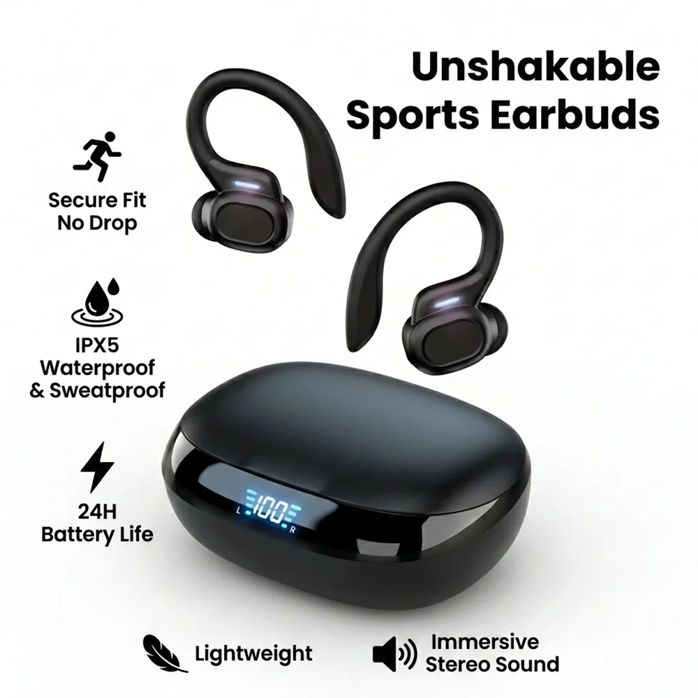 bluetooth earbuds wireless sport secure fit no drop earhook sports earbuds for running gym workout IPX5 waterproof HiFi bass low