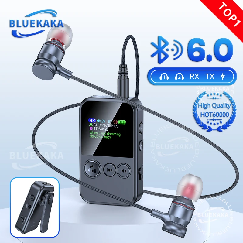 CLIP-ON Bluetooth 6.0 Audio Transmitter Receiver Color LED Display 3.5mm AUX TF HIFI Music Dual Stream Wireless Adapter With Mic
