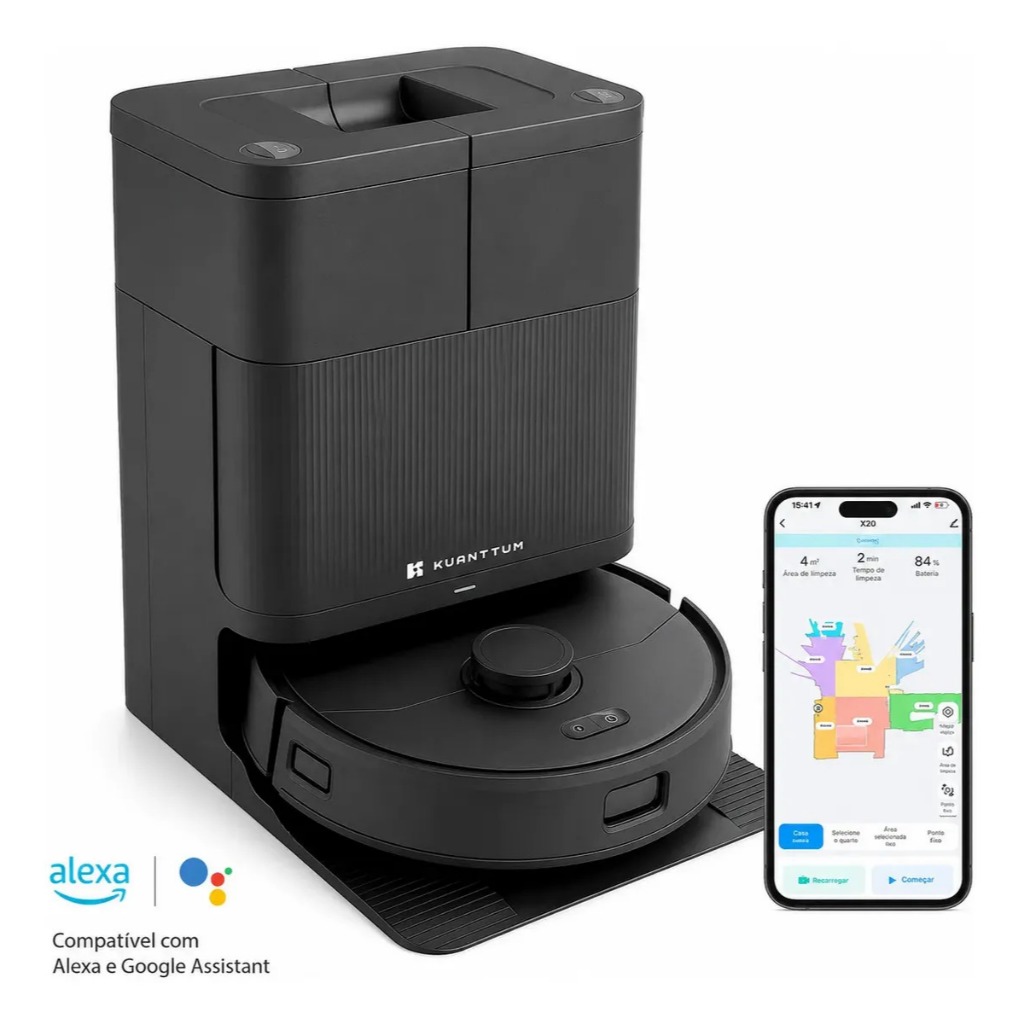 Robô Aspirador Pó Wi-Fi Inteligente 20000Pa Autolimpante Água X20 Kuanttum Passa Pano MOP Mapeamento LDS Cor Preto 220v