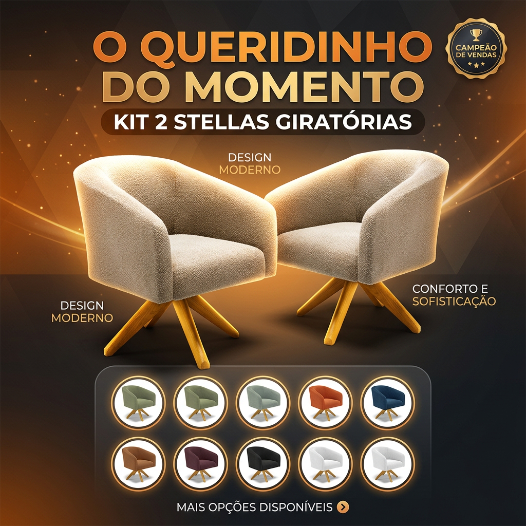 Kit 2 Poltronas Decorativas Stella Base Giratória Bouclê para Recepção e Clínica D'Rossi