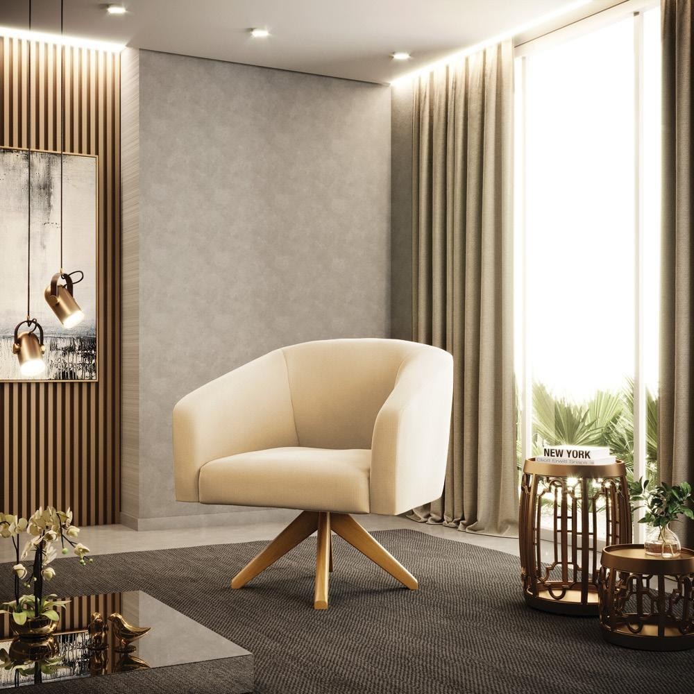 Poltrona Giratória Stella Suede Base Madeira D'Rossi para Sala Quarto Recepção Escritório