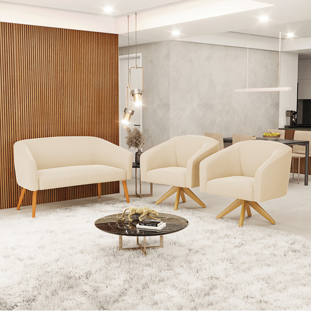 Kit Sofá Namoradeira + 2 Poltronas Giratória Stella Suede D'Rossi para Sala de Estar Recepção