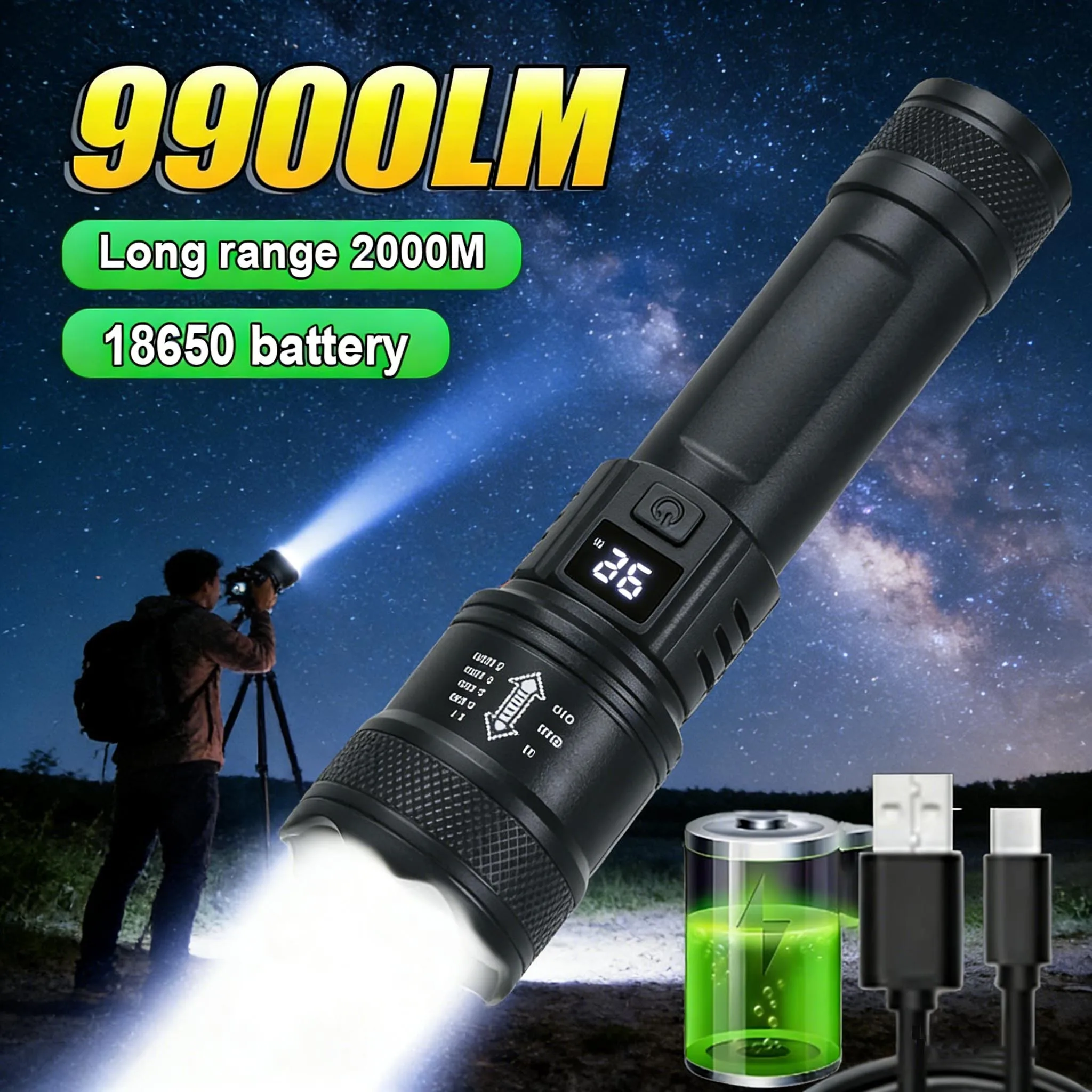 High Power LED Flashlight USB Rechargeable Waterproof Torch with COB Side Light Portable Zoom Camping Hiking Outdoor Lamp