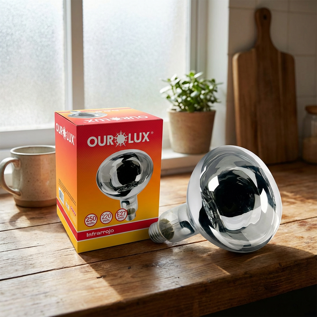 Lâmpada de Secagem Infravermelho Ourolux 250W R125 220V Base E27 Estufa Alimentos Roupas