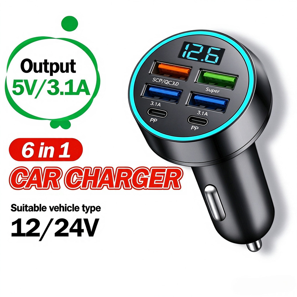 Carregador de carro de 250W com 6 portas, carregamento rápido, PD, QC3.0, carregador de telefone para carro com USB-C, a