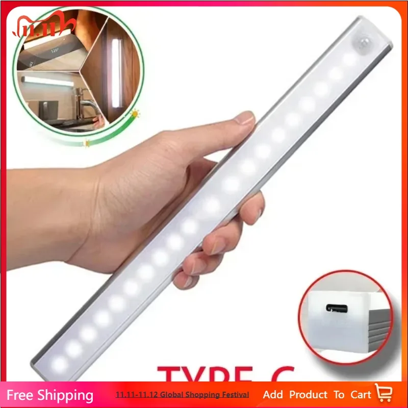 30CM LED Sensor Light Wireless LED Night Light Type C Rechargeable Light Cabinet Wardrobe Lamp Staircase Corridor for Kitchen