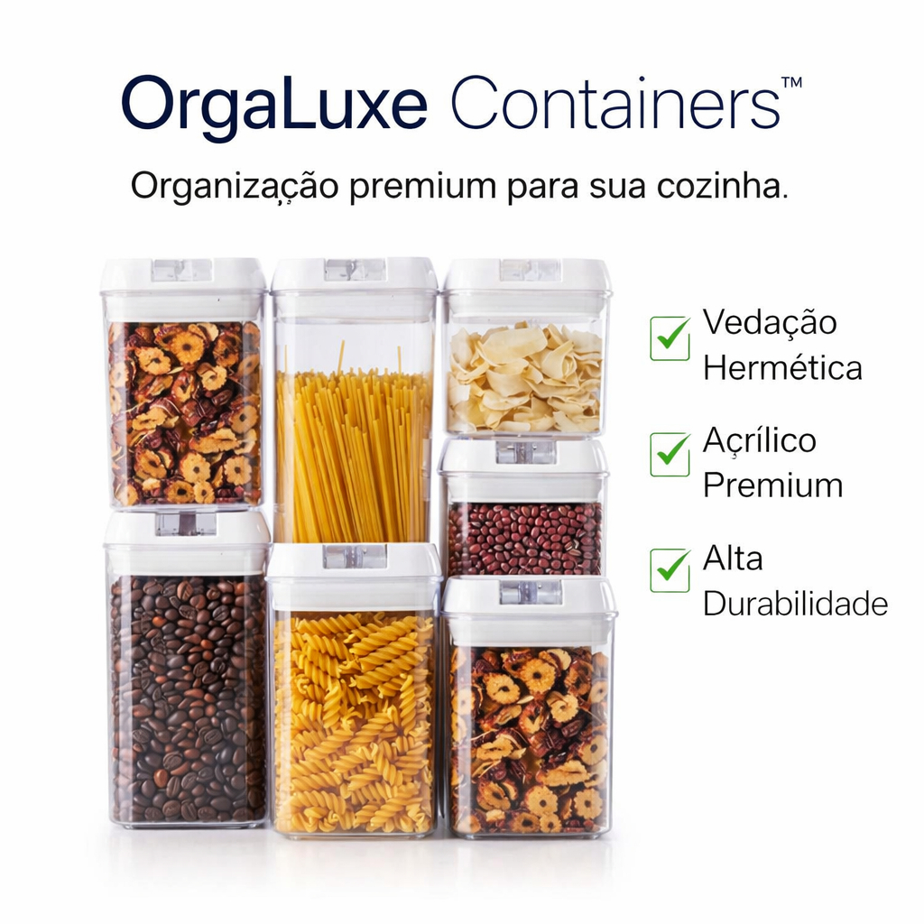 Kit 7 Potes Herméticos Acrílico Organizador de Cozinha | Potes para Mantimentos, Grãos, Massas | OrgaLuxe Storage System