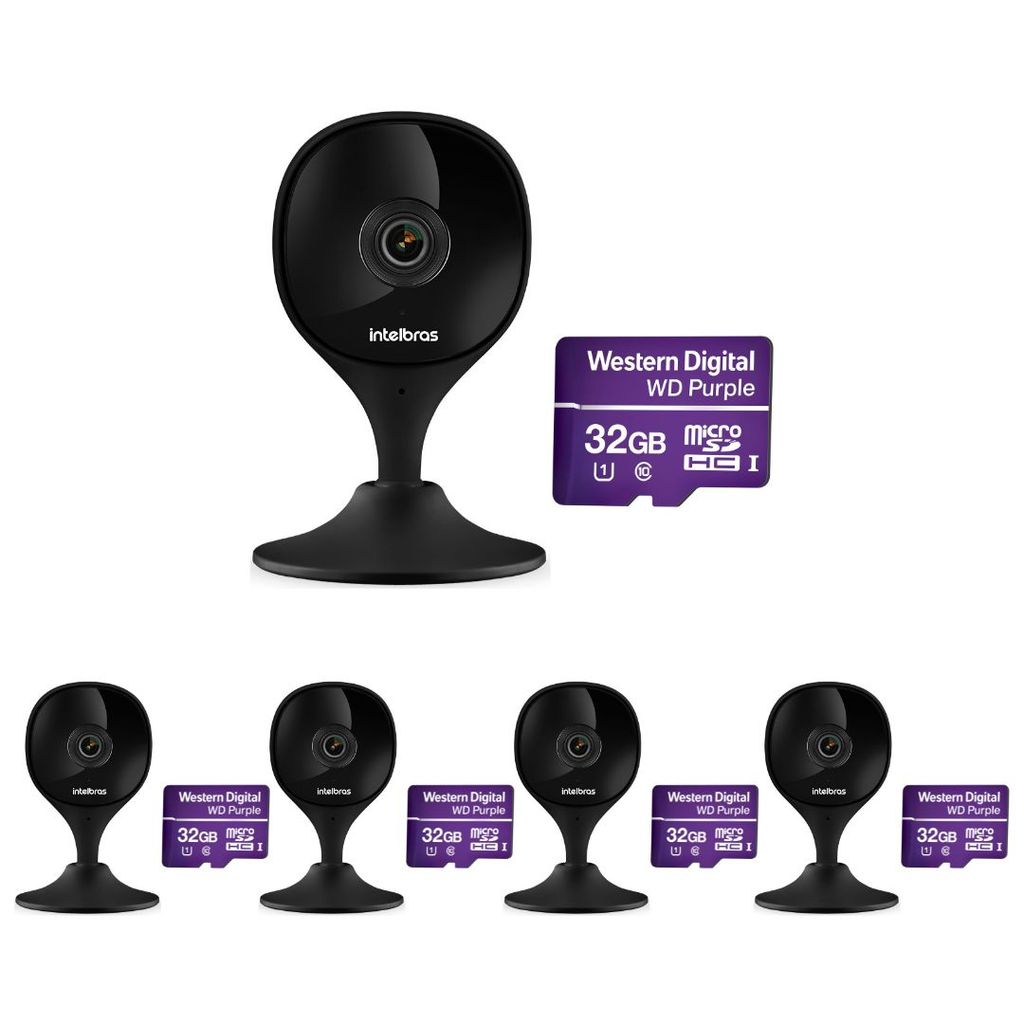 Kit 5 Câmeras Wi-Fi Inteligente Com Alarme e Armazenamento em Nuvem + Cartão de Memória 32 GB iMX C Black Intelbras