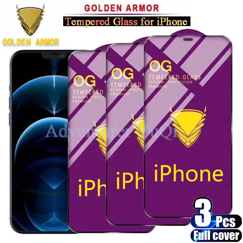 3PCS Golden Armor Tempered Glass OG Screen Protector for iPhone 17 Air 16e 16 15 14 13 12 11 Pro XS Max X XR Full Glue 7 8
