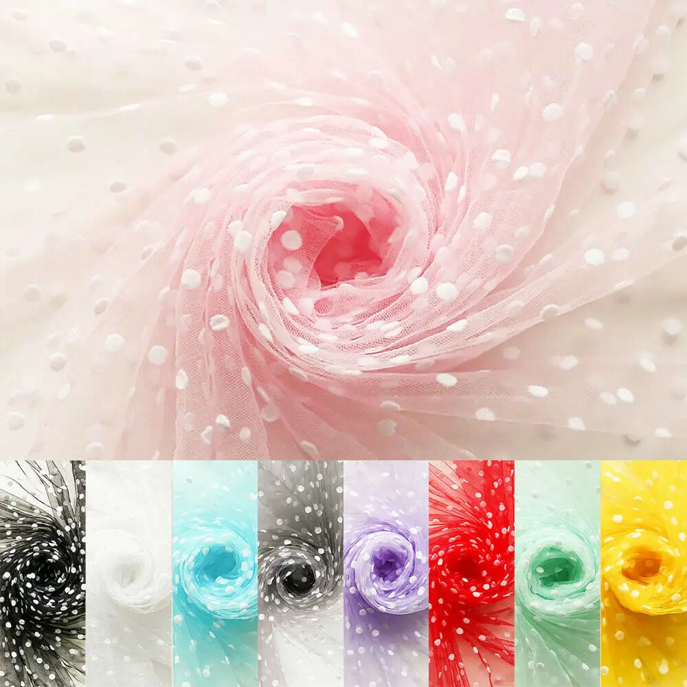 White Khaki Flocked Polka Dot Mesh Tulle Fabric High Quality Polyester Stretch DIY Dress Wedding Decoration Puff Skirt Net Cloth