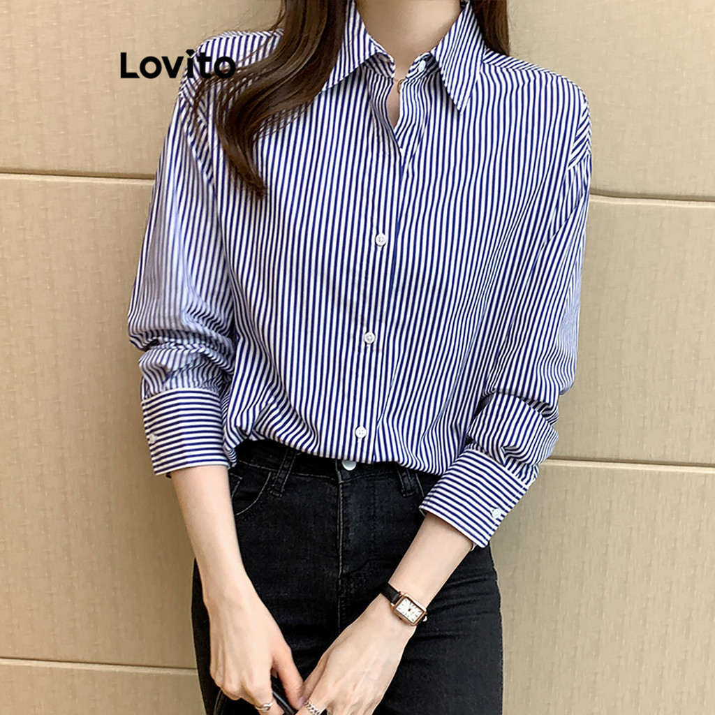 (Elegante) Lovito Blusa Listrada Manga Comprida Botão Blusa De Verão Para Mulheres LNA26184 (Multicolorido)