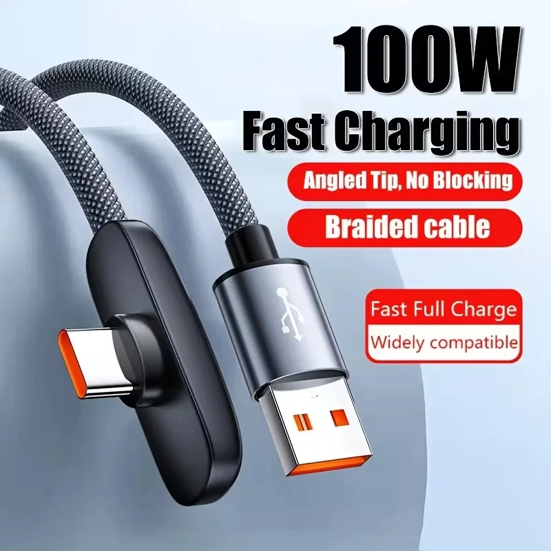 100W Fast Charging USB Type C Cables 90 Degree Elbow Portable Right Angle Data Line for Samsung Xiaomi Huawei Google