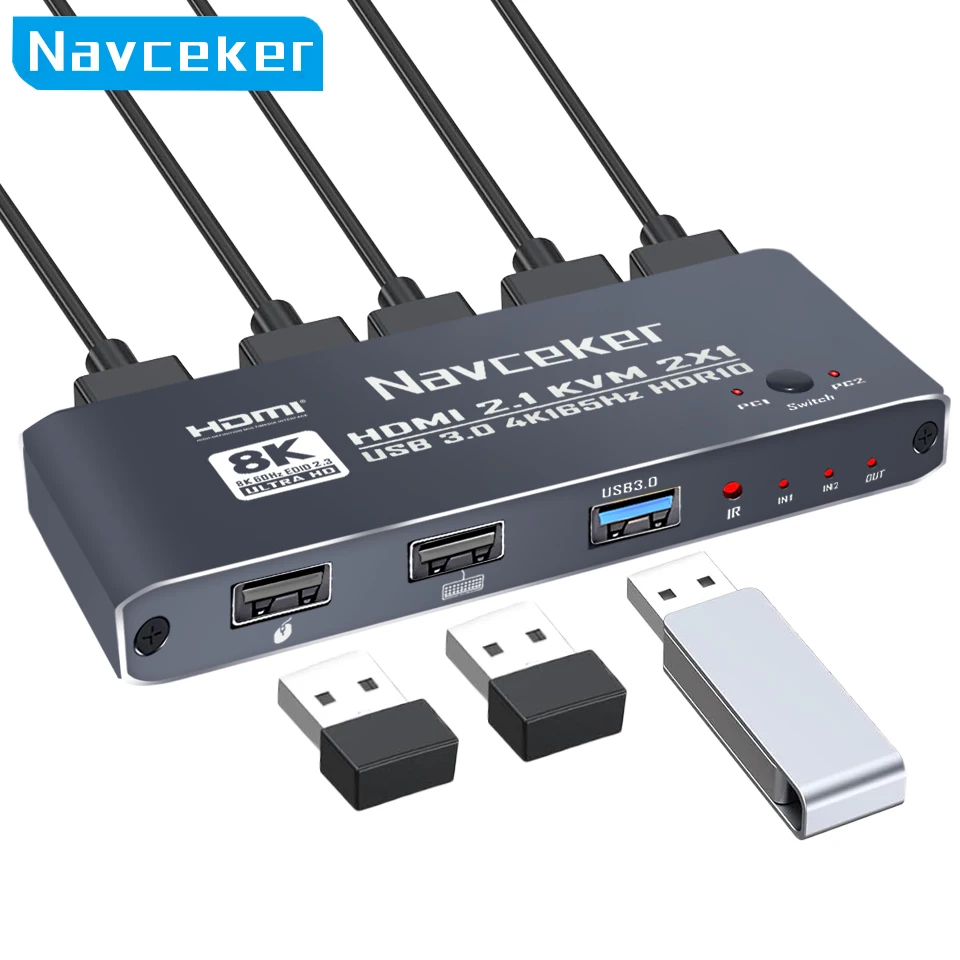 Navceker HDMI KVM Switch 8K 60Hz 4K 165Hz KVM Switcher with Remote Control 2 PC Share 1 Monitor 3 USB for Mouse Keyboard Printer