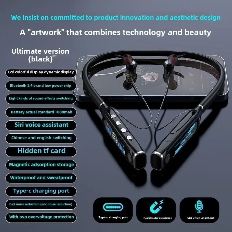 Neck-hanging outdoor sports Bluetooth headset Hidden TF card LCD digital display Long battery life Large capacity battery headse