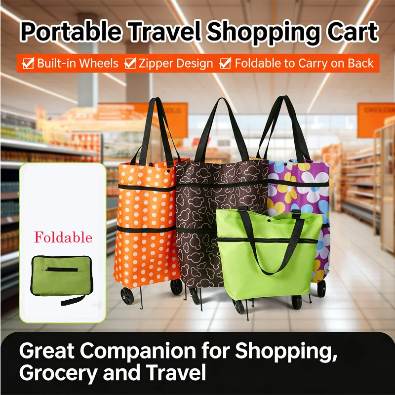 1PCS Foldable Portable Storage Bag with Wheels Lightweight Backpack-Style Hand Cart Shopping Traveling Storage Bag for Home Use