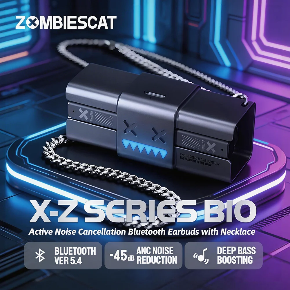 Zombiescat B10 -45dB ANC Earbuds Necklace Design Bluetooth 5.4 Earphone Boost Deep Bass Headphone with Active Noise Cancellation