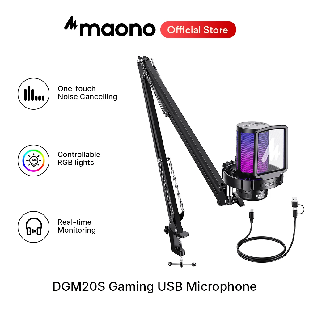 maono DGM20S Gaming USB Microphone Condenser Mic with RGB Light Noise Cancellation Boom Arm for Streaming Podcast YouTube Tiktok