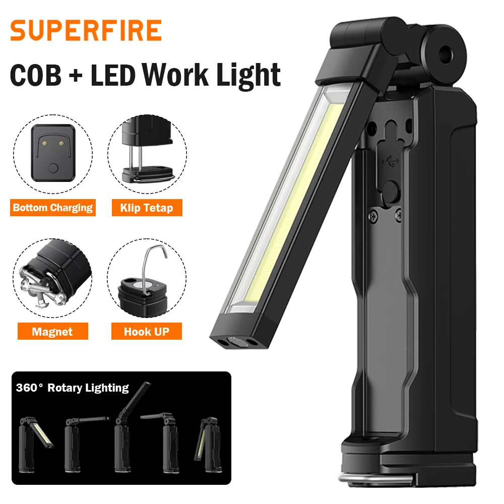 SUPERFIRE Work Light LED+COB Flashlight Rechargeable Battery Torch For Car Repair 360° Adjustable Magnetic Base Emergency Lights