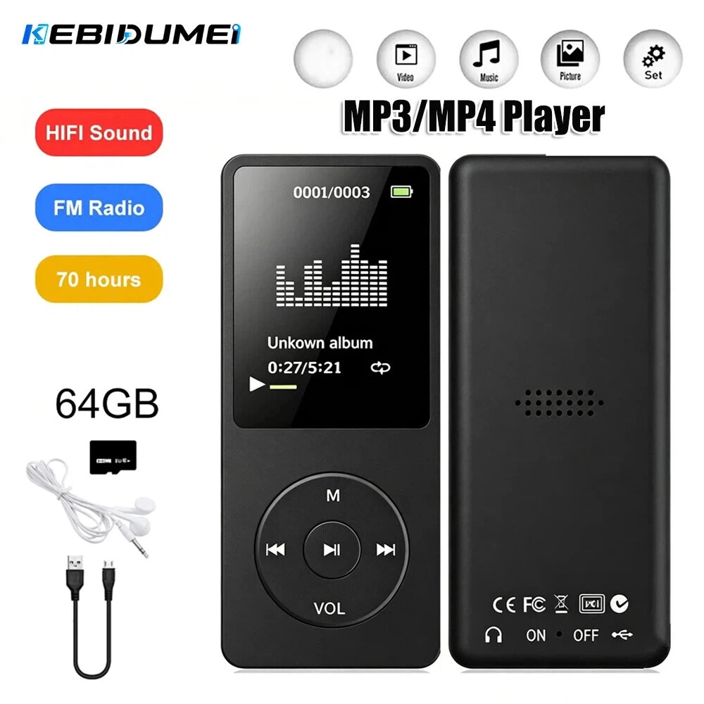 KEBIDUMEI MP3 Player de 64GB com display digital LCD, rádio FM, vídeo, MP4 Hi-Fi, livro eletrônico, suporte a Bluetooth