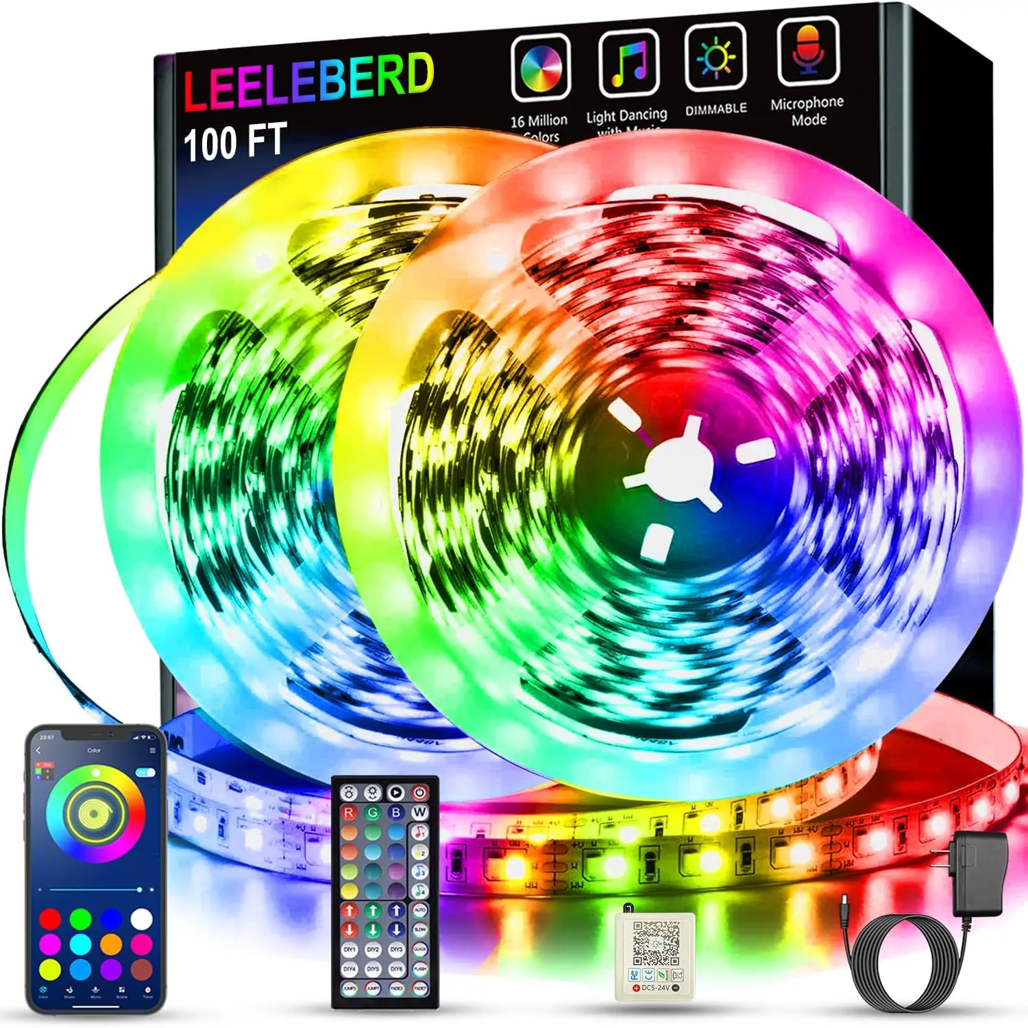 100 ft Music Sync RGB LED Strip Lights with Remote & App Control, Color Changing for Bedroom Home Decor