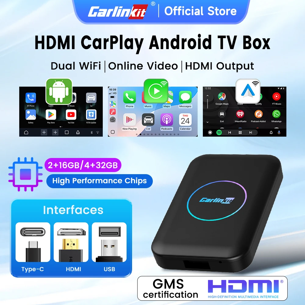 2026 CarlinKit HDMI Android Ai Box Wireless Carplay Android Auto For Youtube Netflix IPTV 5 IN 1 WIFI 5GHZ USB A Plug And Play